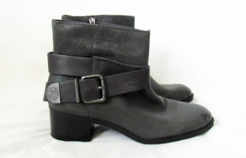 Vince Camuto Gray Leather Romeo Buckled Ankle Boots Sz 10 Rocker Biker Moto Y2K